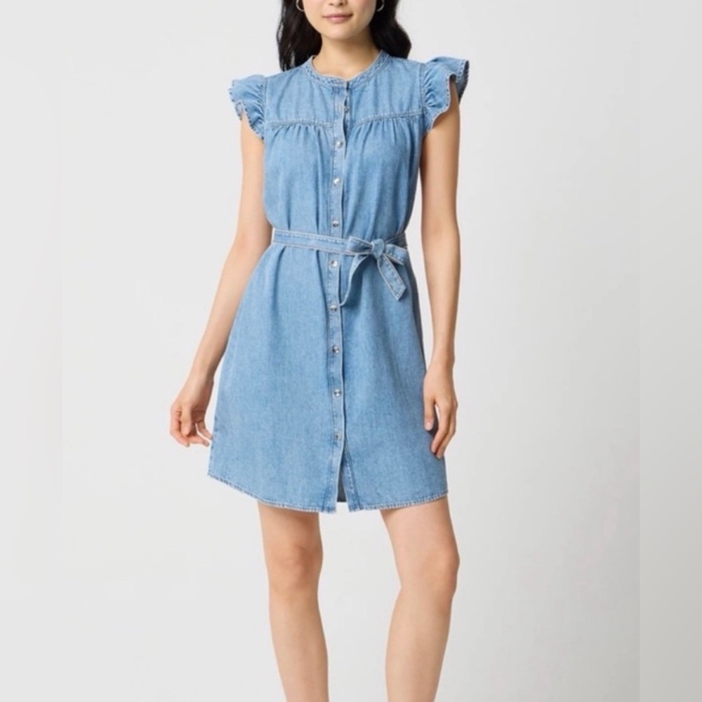 NWT J. Crew Ruffle Sleeve Button Up Mini Denim Dress - Picture 2 of 9